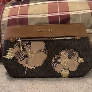 Michael Kors Brown and Gold Floral Cosmetic Bag